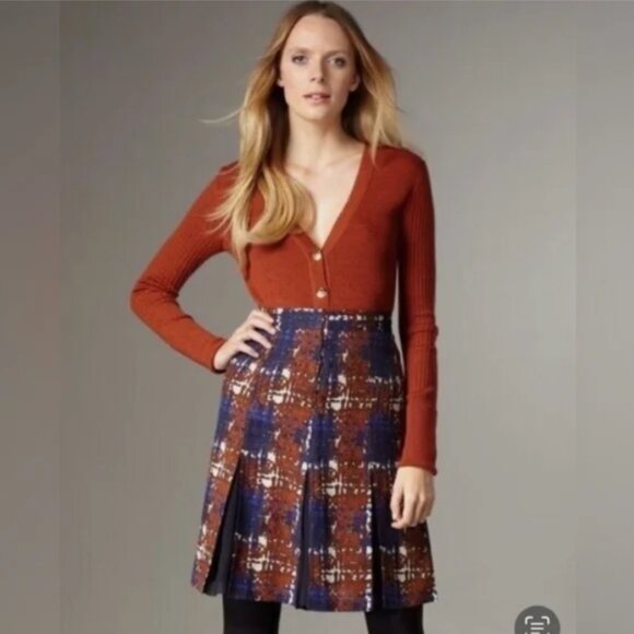 Tory Burch Hull Wool and Silk Pleated Skirt Blue Blackwatch 4 - Picture 1 of 11